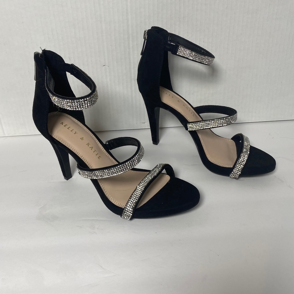 Kelly & Katie‎ Black Rhinestone Heels Stiletto Ankle Strap Party Shoes Size 6